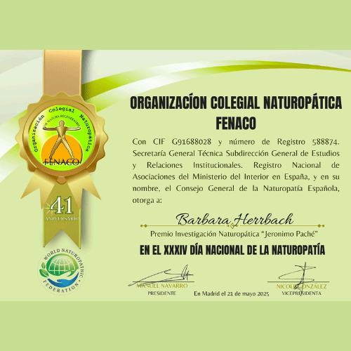 Prix de la recherche en naturopathie remis à Barbara Herrbach. Une distinction saluant son expertise dans le domaine de la naturopathie, rare et unique au monde. 